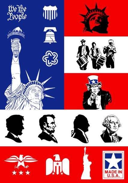 USA szimbólumok - Icon set, háttérrel zászló - Vektor, kép