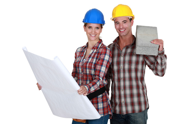 Builders with flat concrete block - Фото, зображення