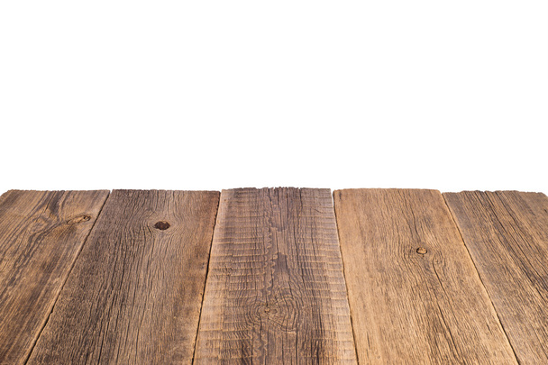 Old vintage planked wood table in perspective on white backgroun - Фото, зображення
