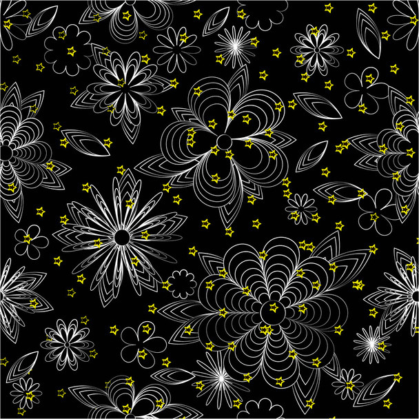 Children's cartoons summer monochrom pattern with flowers, leaves and golden stars on black background, can be used for wallpaper, pattern fills, web page background,surface textures. - Photo, image