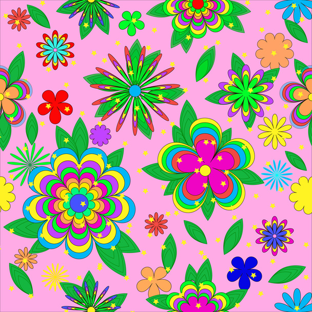 Children's cartoons summer pattern with flowers, leaves  and stars on pink background, can be used for wallpaper, pattern fills, web page background,surface textures. - Foto, Imagen