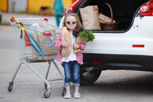 Girl with a shopping cart full of groceries near the car - Foto, Imagem