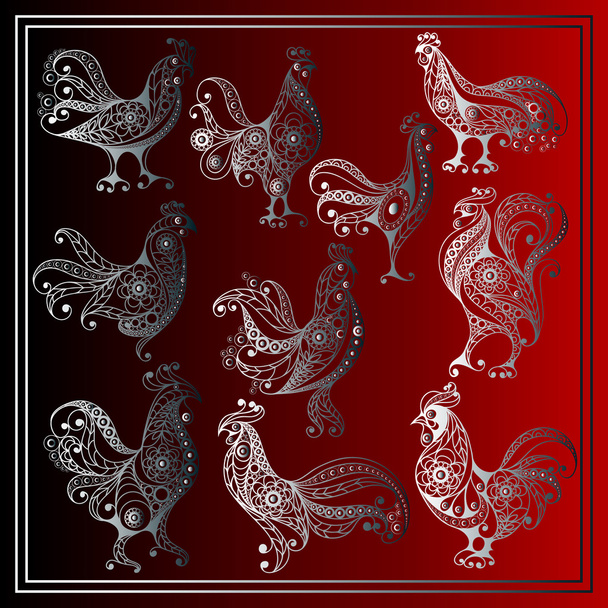 Graphic illustration with a fiery cock (set) 2 - Vector, Image