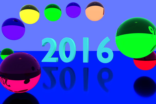Rendering 3D di palline di vetro colorate sulla superficie riflettente e l'anno 2016
 - Foto, immagini
