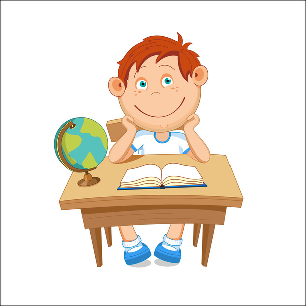 Garçon assis à la table, sur la table est un globe, illustration vectorielle - Vecteur, image