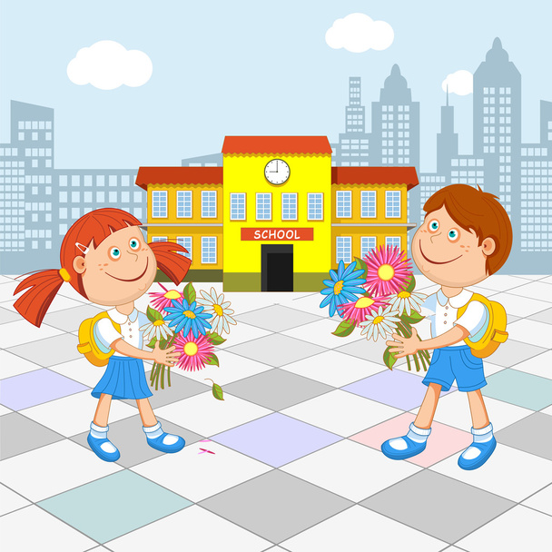  Menina estudante e menino estudante com um buquê na mão, vá para a escola, ilustração vetorial
 - Vetor, Imagem