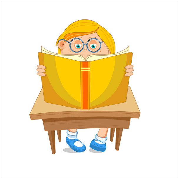Mädchen mit Brille, offenes Buch lesen, am Tisch sitzen, Vektorillustration - Vektor, Bild
