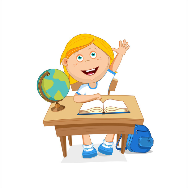Écolière assise sur la table, cueillie à la main, illustration vectorielle
 - Vecteur, image