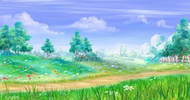 Maaseudun maisema kukkia ja ruohoa Polun ympärillä
 - Valokuva, kuva