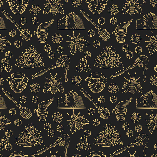 Seamless pattern with pots of honey, bees and flowers. - Wektor, obraz