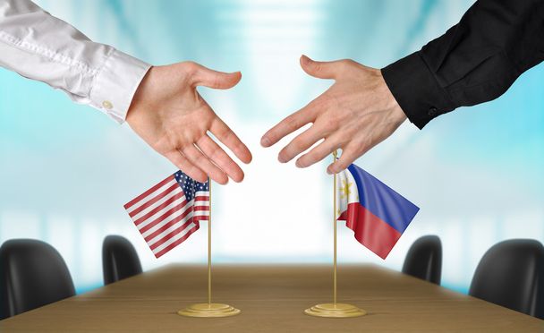 Stany Zjednoczone i Filipiny dyplomatów drżenie rąk do uzgodnienia deal, część renderowania 3d - Zdjęcie, obraz