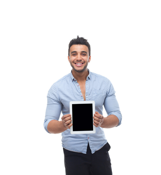 Handsome business man happy smile, businessman show empty tablet computer screen - Foto, Imagen