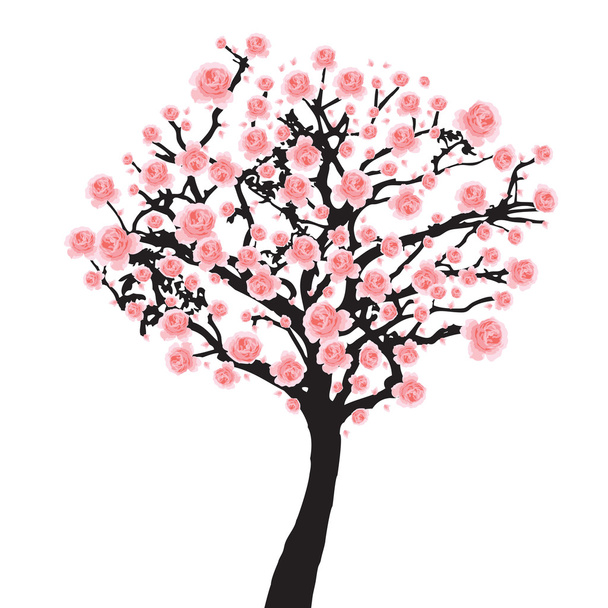 Teljes virágzás rózsaszín sakura fát (cseresznyevirág)-fekete fa - Vektor, kép