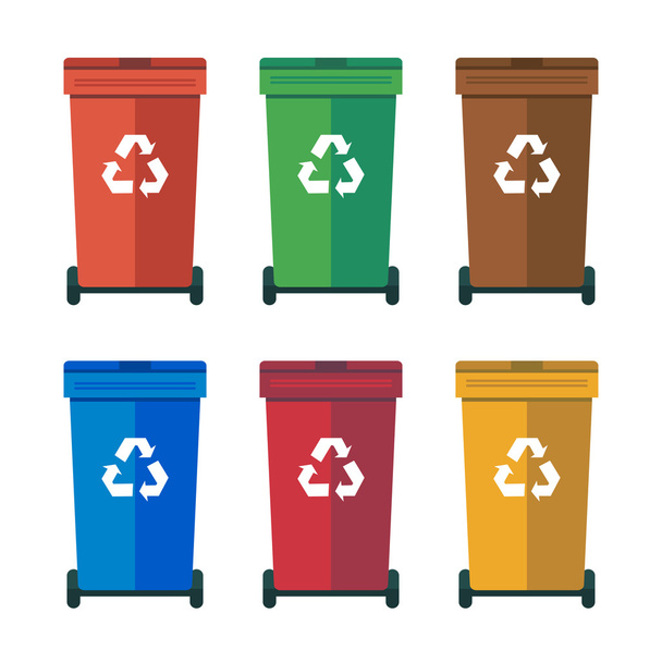 Différents bacs à roue colorés, poubelles, illustration plate de vecteur de déchets de tri
 - Vecteur, image