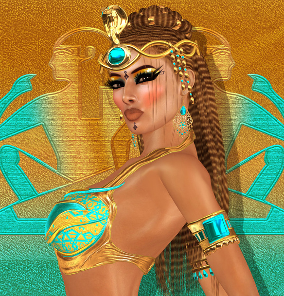 Egyptian woman, beads, beauty and gold in our digital art fantasy scene. - Photo, Image