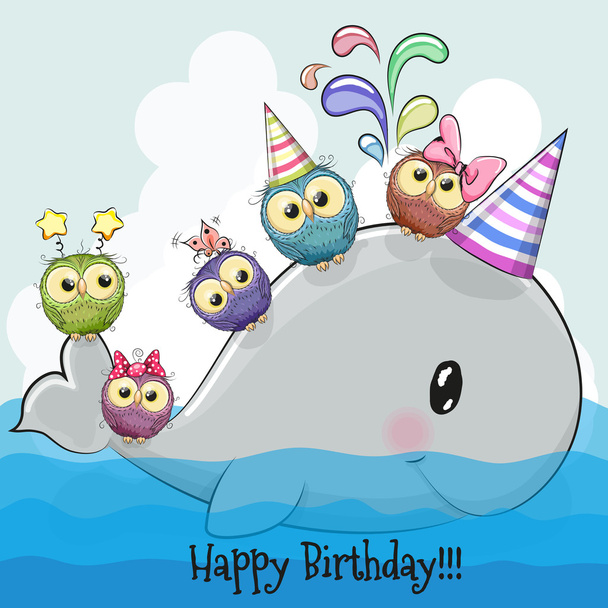 Cute cartoon whale and five owls - ベクター画像