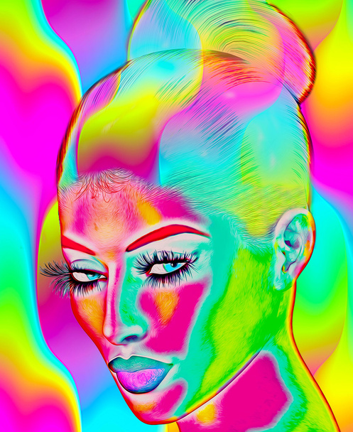 Bir kadının yüzüne, modern dijital sanat görüntü renkli arka plan ile yakından. - Fotoğraf, Görsel
