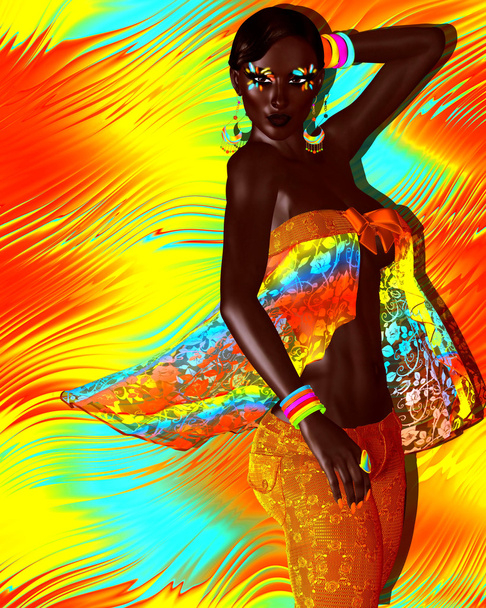African American Fashion schoonheid. Een prachtige kleurrijke foto van een mooie vrouw met bijpassende make-up, accessoires en kleding tegen een abstracte achtergrond. - Foto, afbeelding