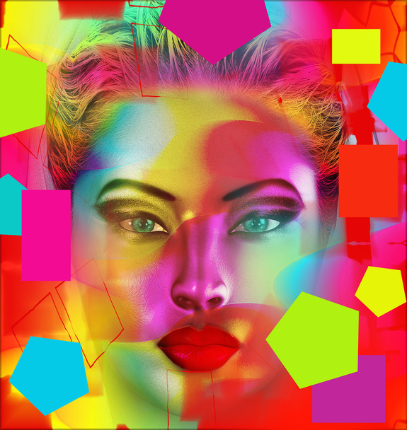 Imagem de arte digital moderna do rosto de uma mulher, close up com fundo abstrato colorido
. - Foto, Imagem