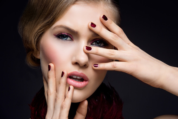 Beautiful girl with red makeup - 写真・画像