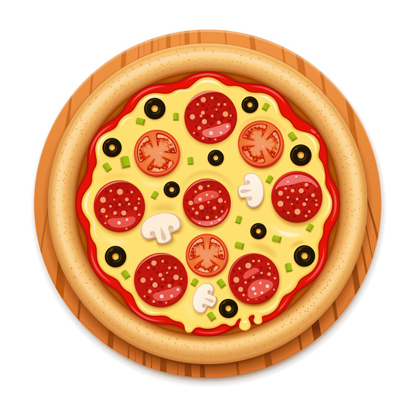 Vektorové podrobné horké pizza s lepivými ikonou, sýr a salám - Vektor, obrázek
