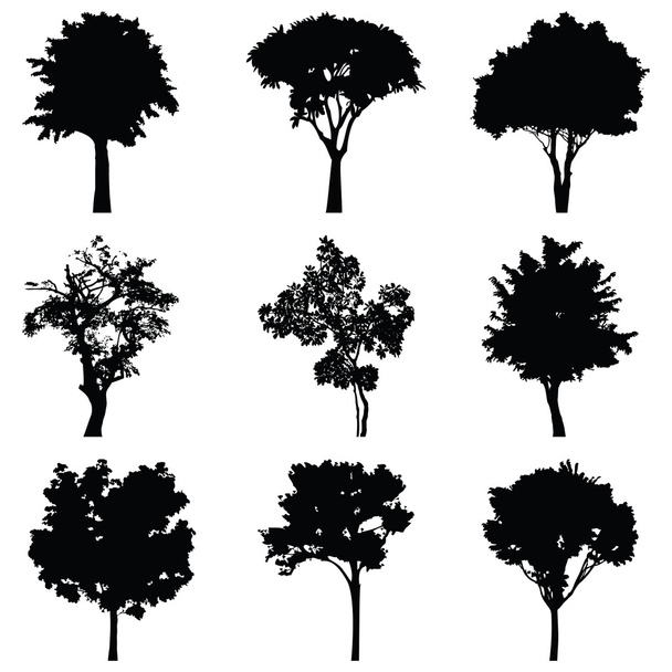 Set van negen bomen vector silhouet, schaduw scène boslandschap - Vector, afbeelding