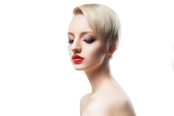 Beautiful young model with blonde short hair and red lips - Foto, Imagem