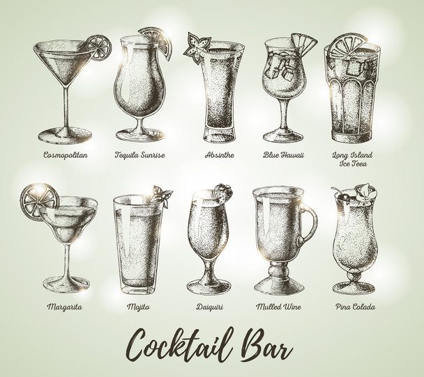 Vintage-Cocktailbar-Karte. Skizzenkunst - Vektor, Bild