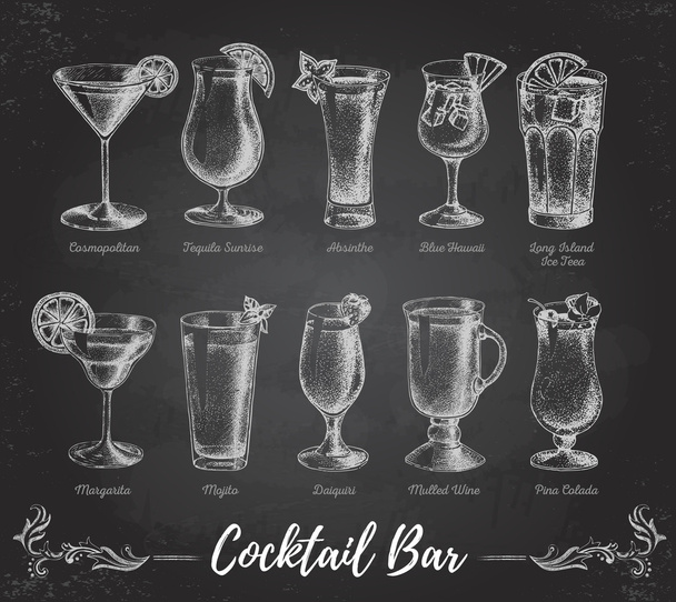 Vintage chalk drawing cocktail bar menu. Sketch art - Вектор,изображение