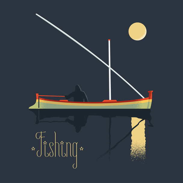 Fisherman fishing at night vector illustration - Vector, imagen