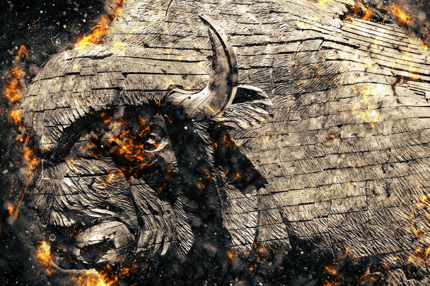 Bisonte de madeira em chamas
 - Foto, Imagem