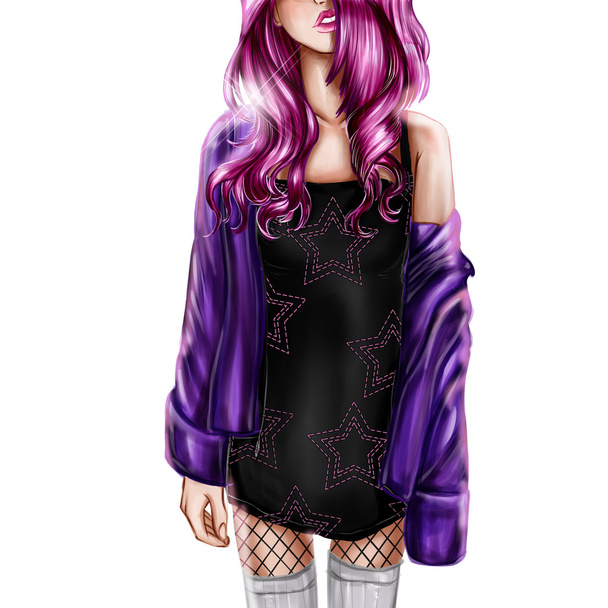 Ilustración digital de chica con cabello rosa
 - Foto, imagen