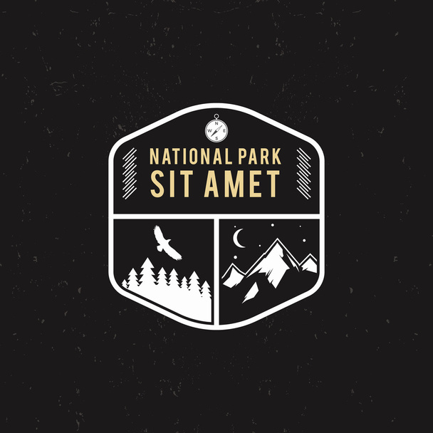Stamp for national park, mountain camp. Tourism hipster style patch, badge. Expedition emblem. Winter or summer campsite graphic. Campground insignia. Adventure logo for web, print t shirt, tee design - Vektori, kuva