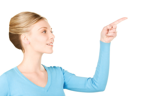 Woman pointing her finger - Foto, Bild