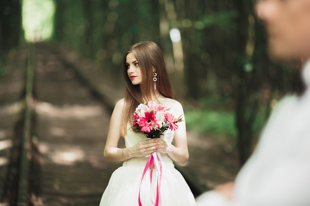 Closeup portrait of beautiful bride with wedding bouquet isolated at green natural summer field background - Foto, immagini