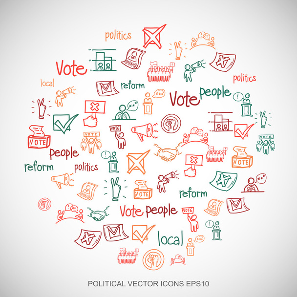Doodles multicoloridos desenhados à mão Ícones de política definidos no branco. Ilustração do vector EPS10
. - Vetor, Imagem