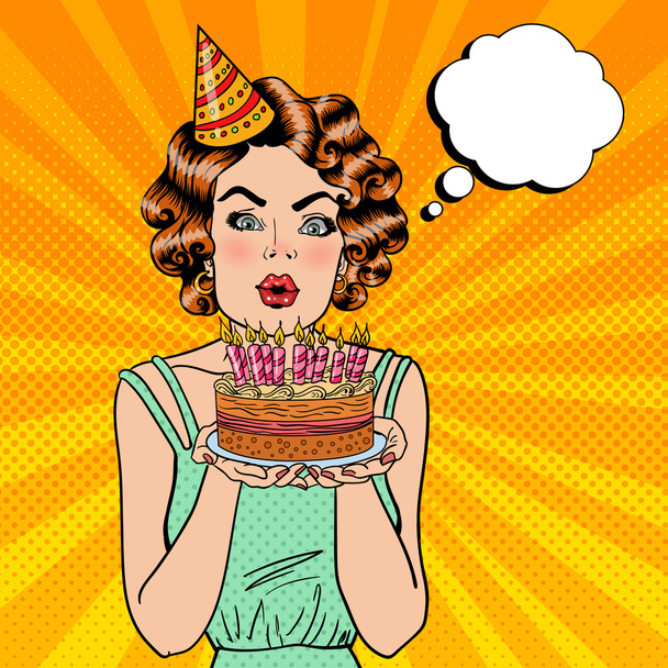 誕生日ケーキにキャンドルを吹いて、願い事を作るかわいい幸せな女の子。ポップアート - ベクター画像