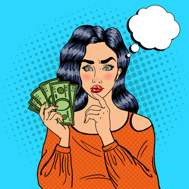 Young Pretty Woman with Money. Girl Thinking How to Spend Money. Pop Art - Wektor, obraz
