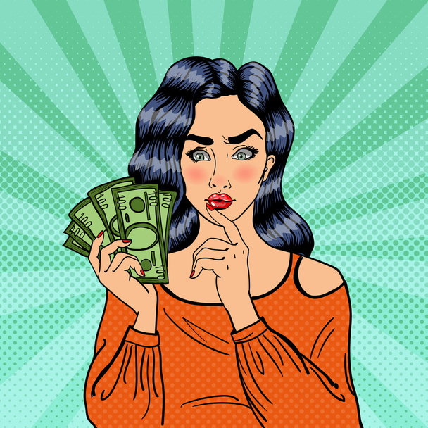 Young Pretty Woman with Money. Girl Thinking How to Spend Money. Pop Art - Διάνυσμα, εικόνα