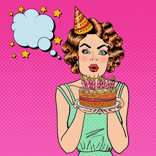 Довольно счастливая девушка, дующая свечами в день рождения торт и загадывающая желание. Поп-арт
 - Вектор,изображение