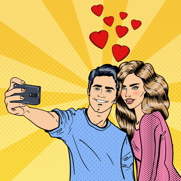 Jovem casal amoroso fazendo selfie em Smartphone. Arte Pop
 - Vetor, Imagem