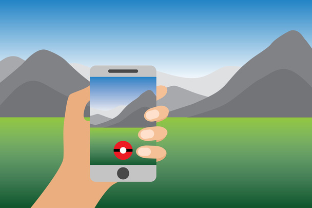 Augmented Reality Flat Vector Illustration. Smartphone Game. Hand Holding Mobile Phone with Online Gaming. Geolocation and Traveling around the World. Landscape, Mountains - ベクター画像