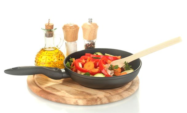 Frying pan with vegetables on white - Fotografie, Obrázek