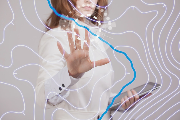 Geographic information systems concept, woman scientist working with futuristic GIS interface on a transparent screen. - 写真・画像