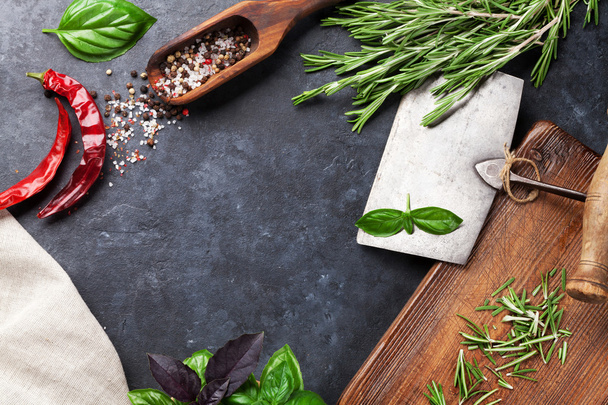 Herbs and spices on table - Photo, image