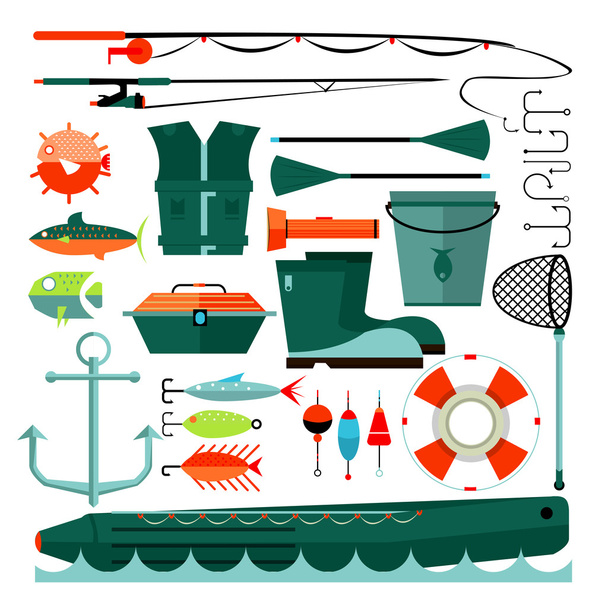 Big set of fishing elements. - Vector, Imagen