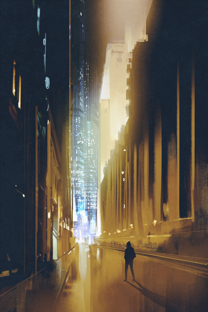 wąskiej ulicy miasta w nocy  - Zdjęcie, obraz