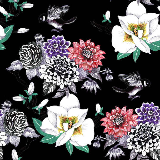 pattern with  flowers and exotic birds  - Φωτογραφία, εικόνα