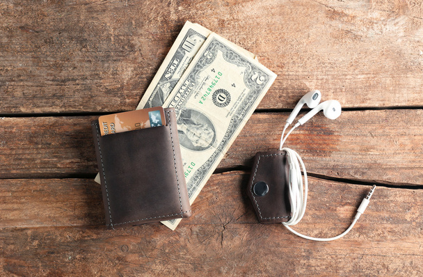 Leather wallet with money and accessories  - Fotó, kép