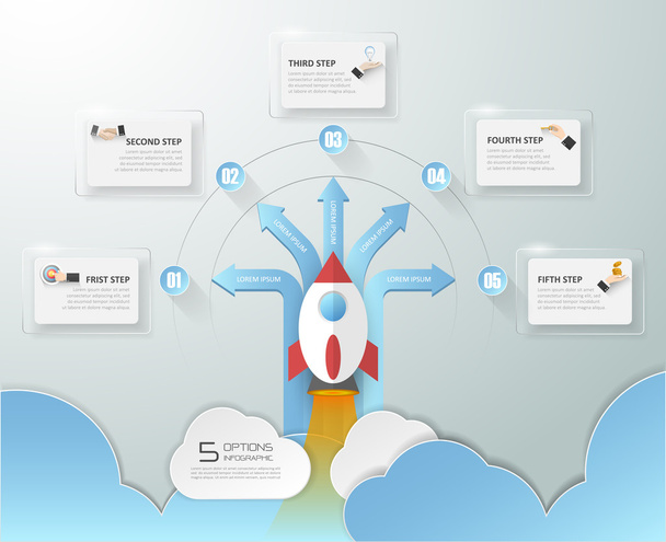 Rocket launch startup business concept infographics, 5 options  - Vektor, obrázek